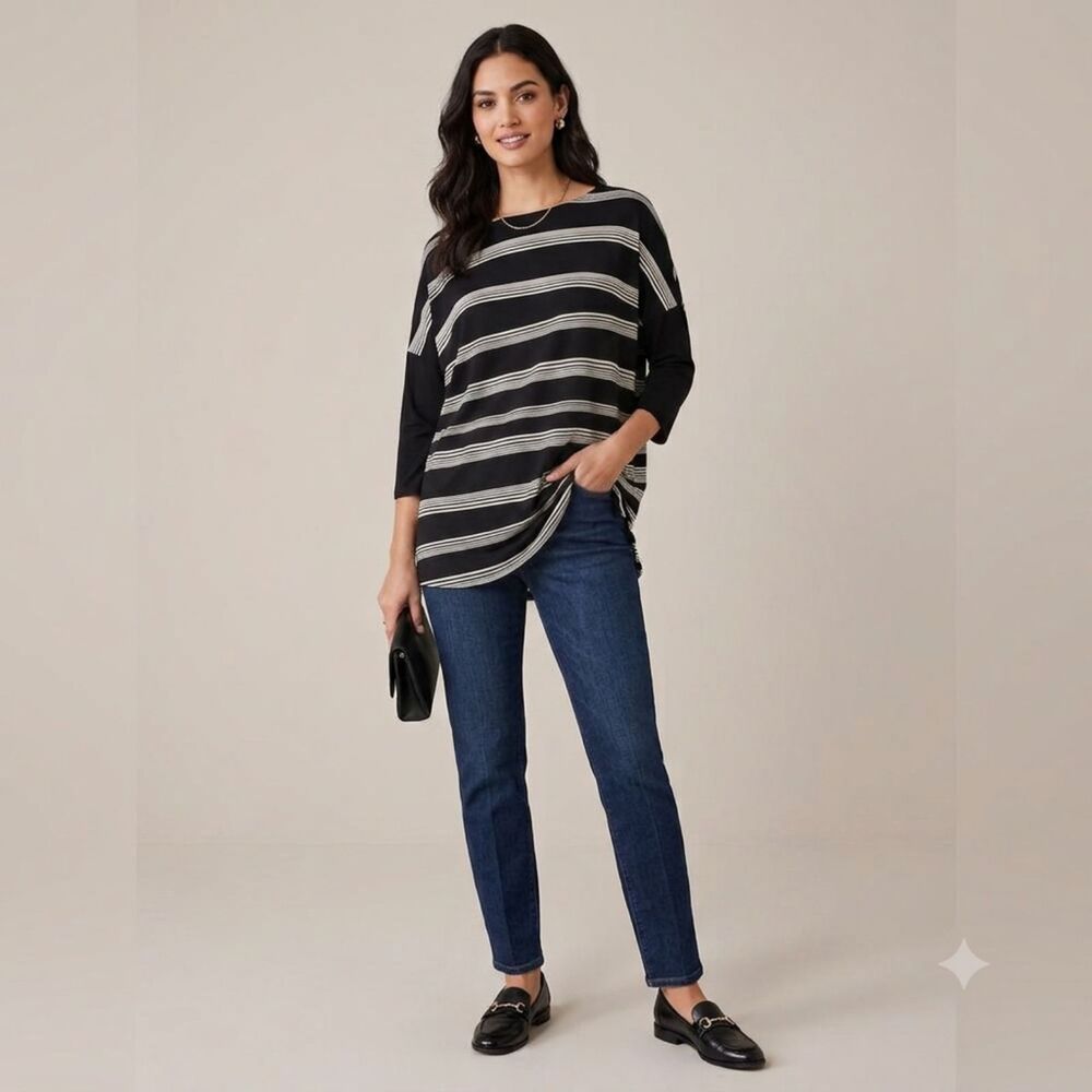 J.Jill Wearever Striped Top Large Black White Minimalist Coastal Tunic 3/4